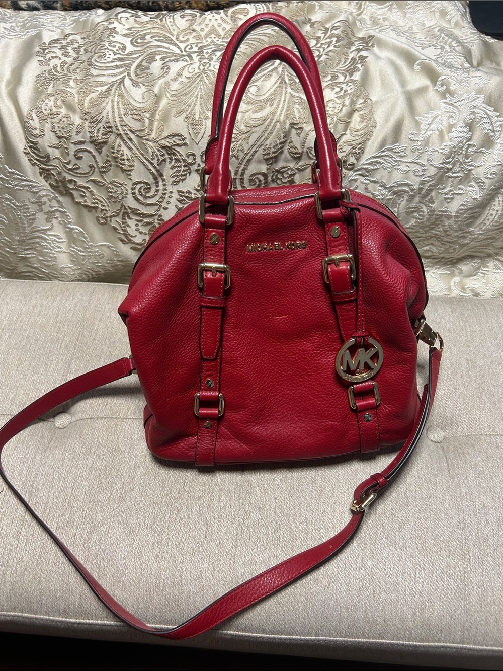 Michael Kors Red Pebbled Leather Satchel with Gold MK Pendant